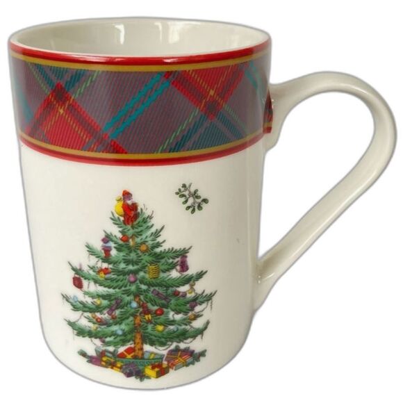 SPODE Mug Tartan Christmas Tree White Red Green Cup 8 oz - Picture 1 of 9